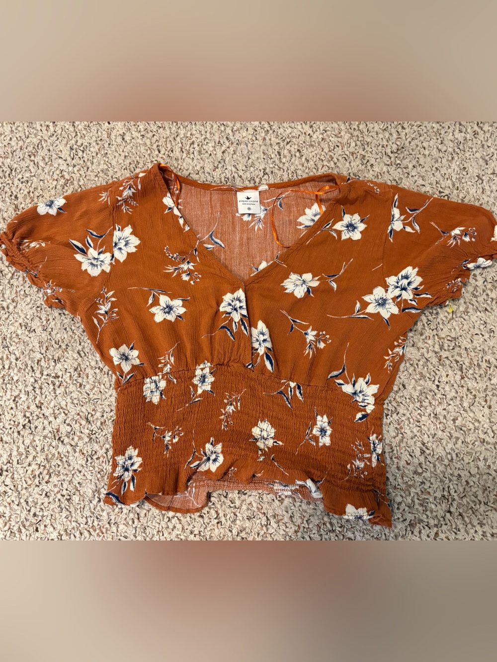 Paper Crane Rust Floral Smocked V-Neck Top